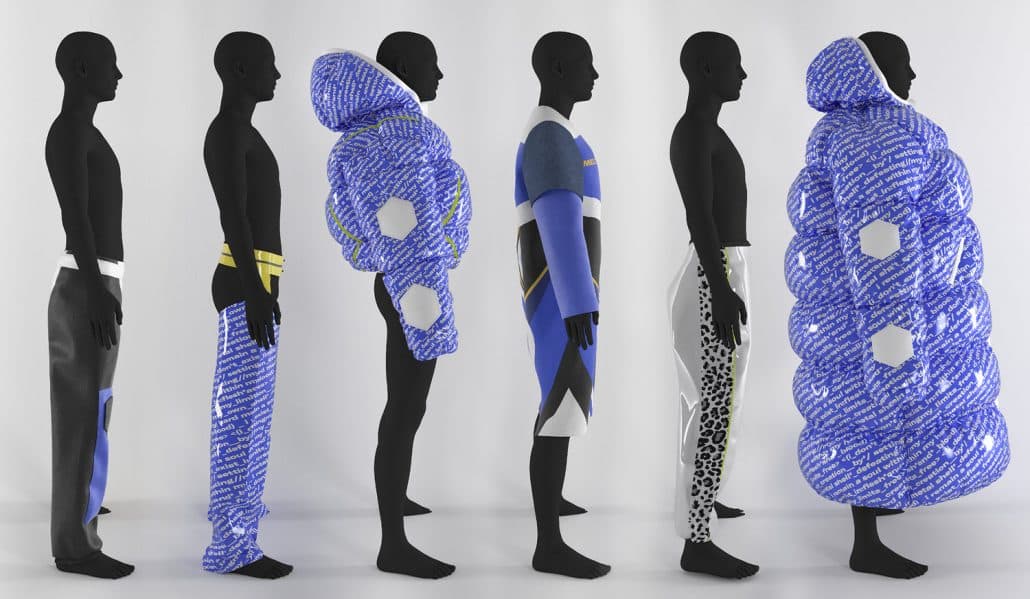 3D-created mannequins stand in a line wearing Texintel, an AI-based fashion brand