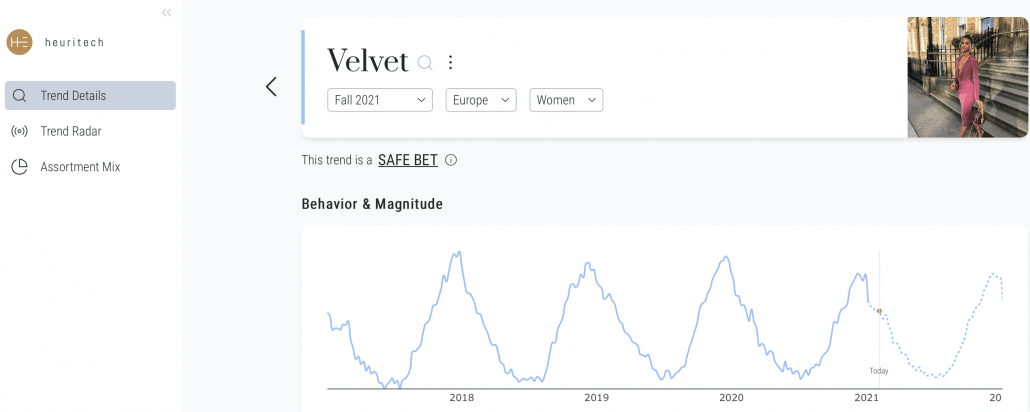 Heuritech trend forecasting platform showing velvet in Fall 2021 in Europe