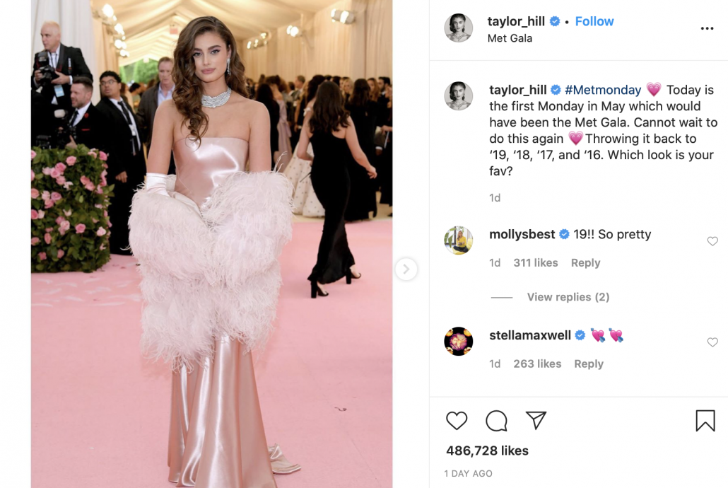 Model Taylor Hill poses at past Met Galas