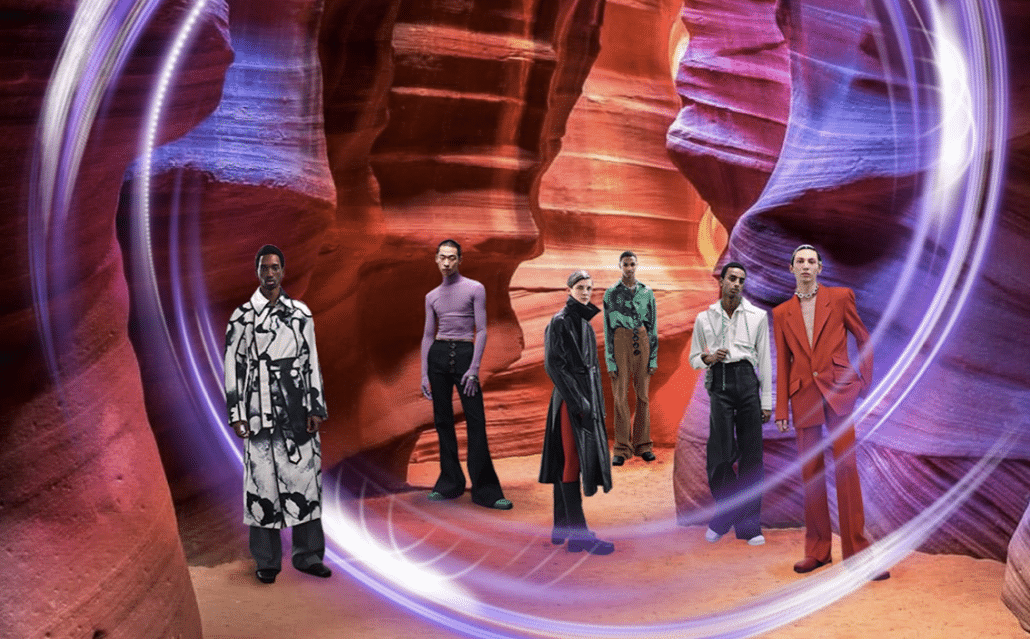 Models pose in a digitalized canyon-scape for the FW20 Pronounce Digital Fashion Show in Shanghai